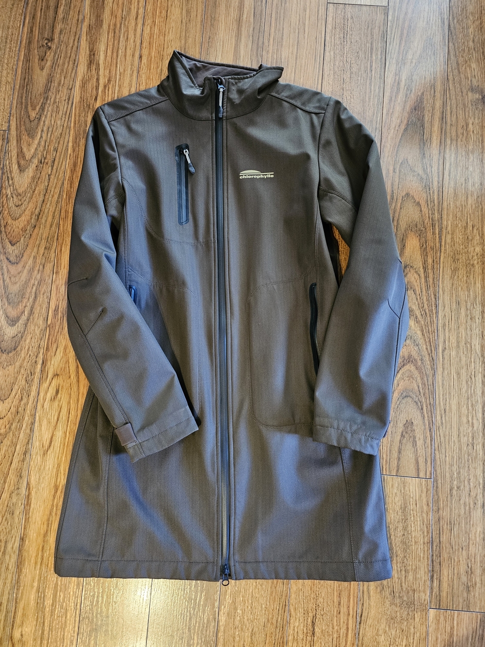 Women’s Long Olive Green Softshell Raincoat with Full Zip